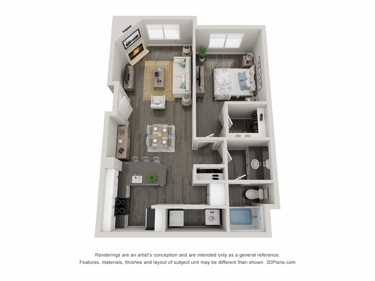 Floor plan for 1 bed, 1 bath, 788 sqft